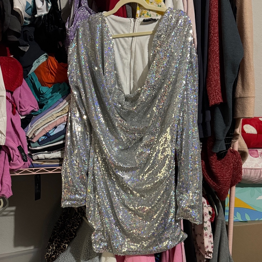 PrettyLittleThing Silver Sequin Cowl-Back Long Sleeve Dress